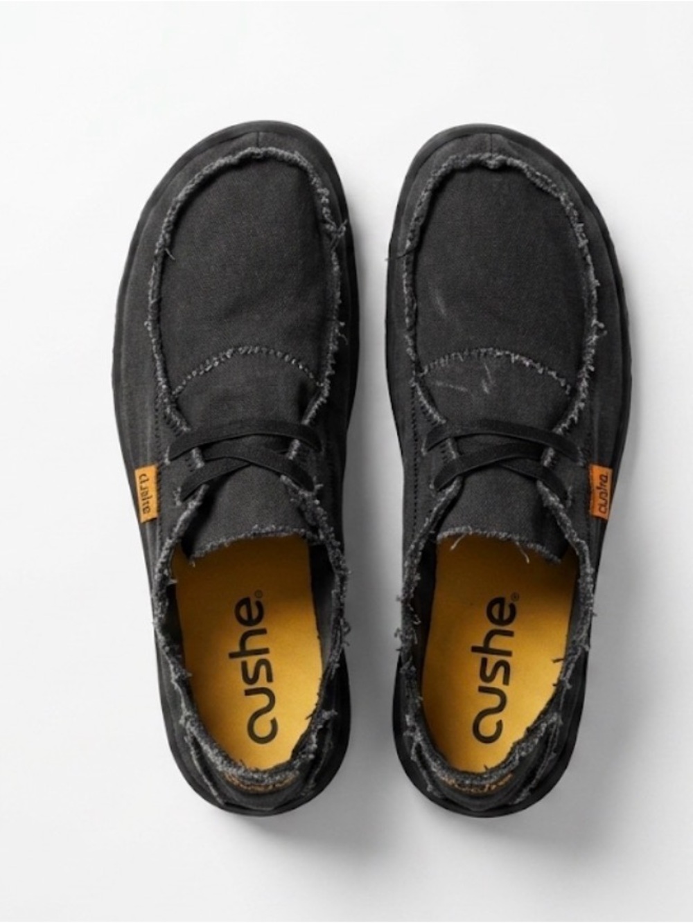 cushe Black Canvas Frayed-Edge Slip-On Loafers with Yellow Insole